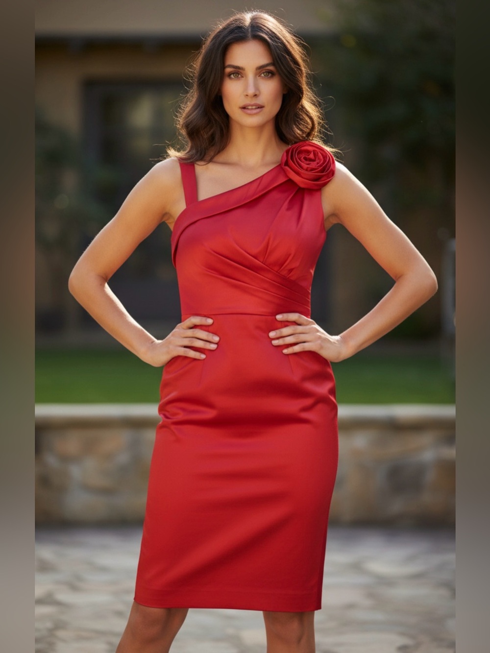 Red Satin One-shoulder Cocktail dress with a large floral appliqué accent